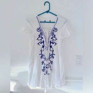 Mediterranean White & Blue Embroidered Dress with Deep-V Tied Neckline